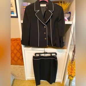 Tahari ASL Notched Three-Button Contrast Trim Blazer & Skirt in Black/White 10